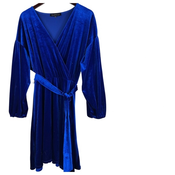 Eloquii Velvet Velour Dress 20 2X Belted Cobalt Royal Blue Holiday Party VNeck - Picture 2 of 5
